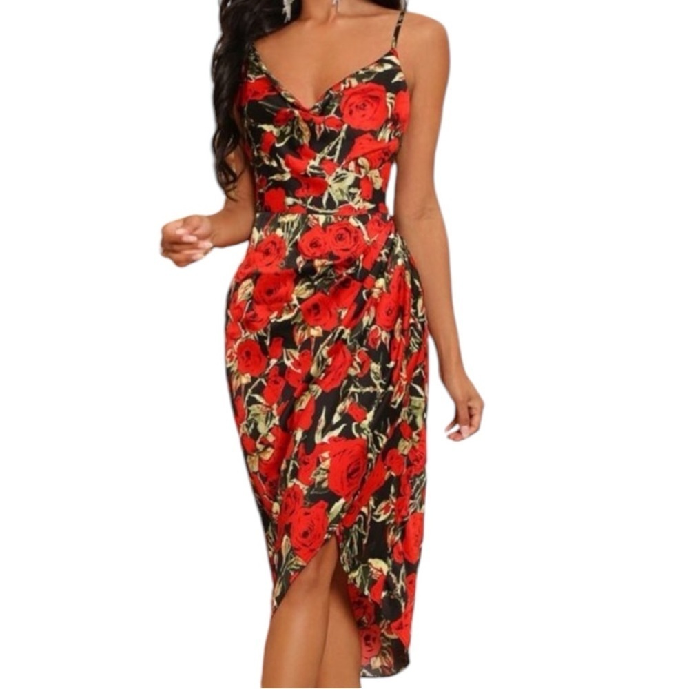 Floral print dress draped neckline spaghetti straps faux wrap Sizes M/XL NEW